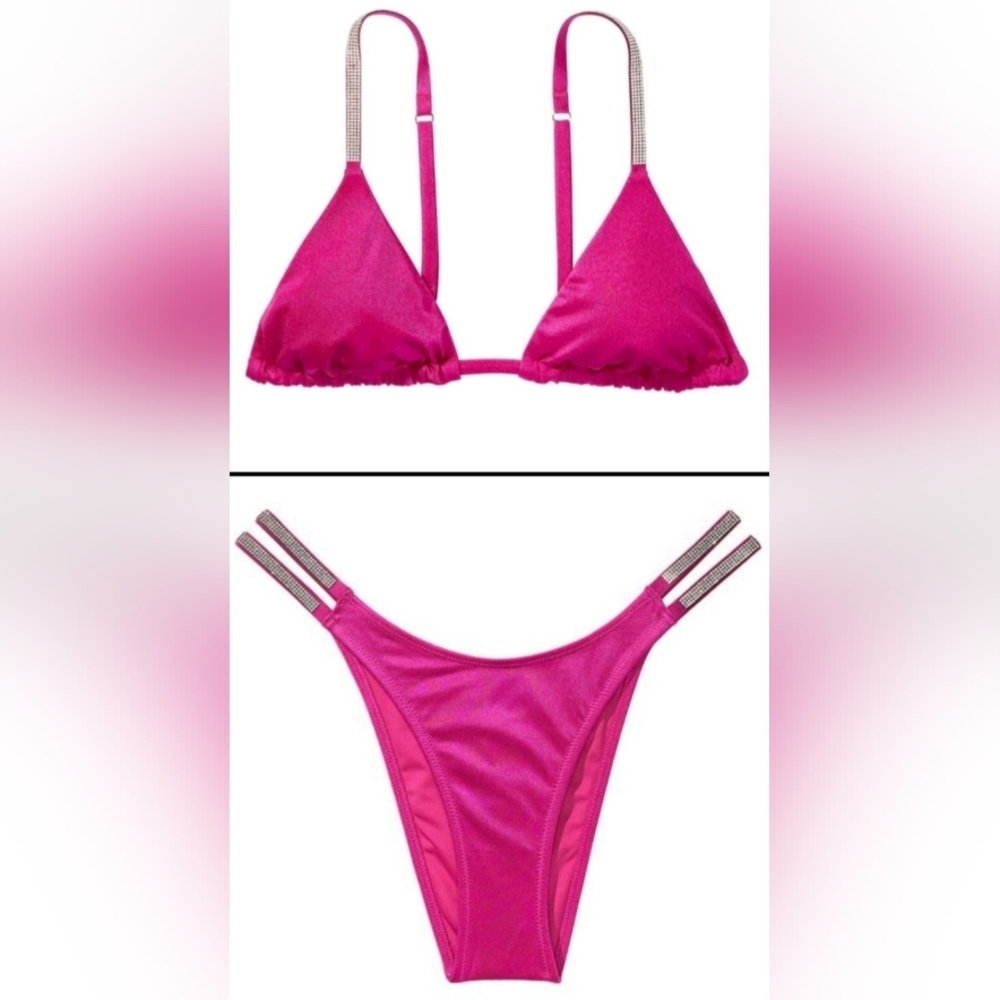 XL/L VS Swim Shine Strap Triangle Bikini Top Brazilian Bikini Set Berry Blush